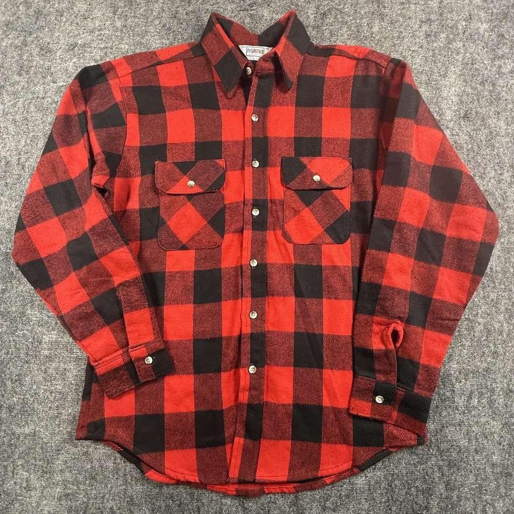 vintage 80s Five Brothers Flannel sz L Buffalo Plaid Red & Black USA Made 1980s